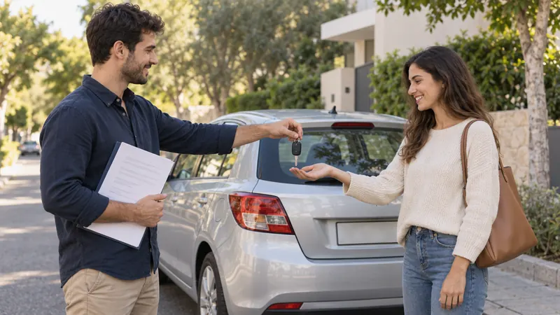 גבר מוסר מפתח של רכב משומש לאישה ברחוב שקט, ליד מכונית כסופה, ובידו מסמכים